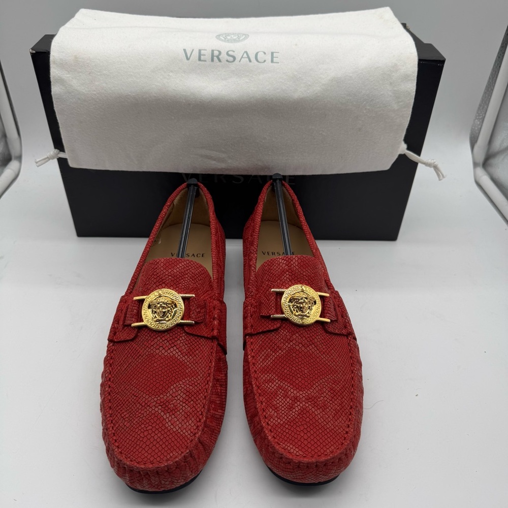 Versace Medusa Loafers Red Leather Driver Shoes Men EU 39 US 8